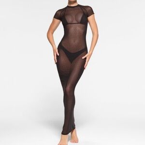 SKIMS Black Rhinestone Mesh Long Dress